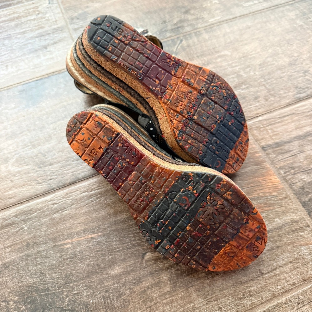 Art Vintage Women's Patchwork Gingham Dot Black Leather Jute Wedge Sandals,39 - Picture 8 of 12